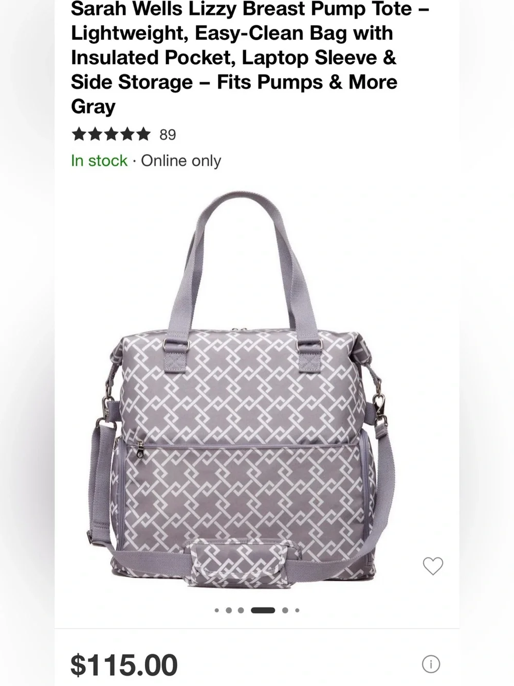 Sarah Wells Lizzy Breast Pump Tote - Gray Geometric